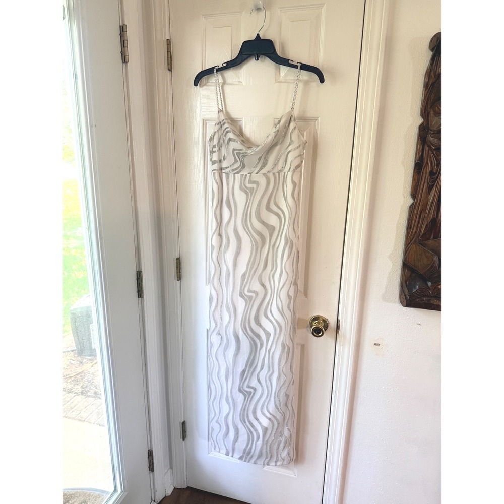 Parker Womens Printed Sleeveless Maxi Dress Silver White Metallic Cowl Neck 6 - Picture 2 of 5
